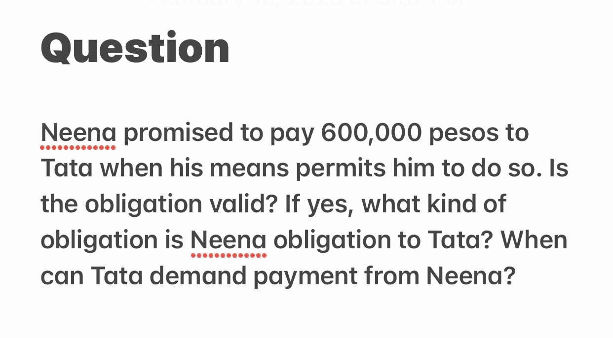 Question Neena promised to pay 600,000 pesos to
