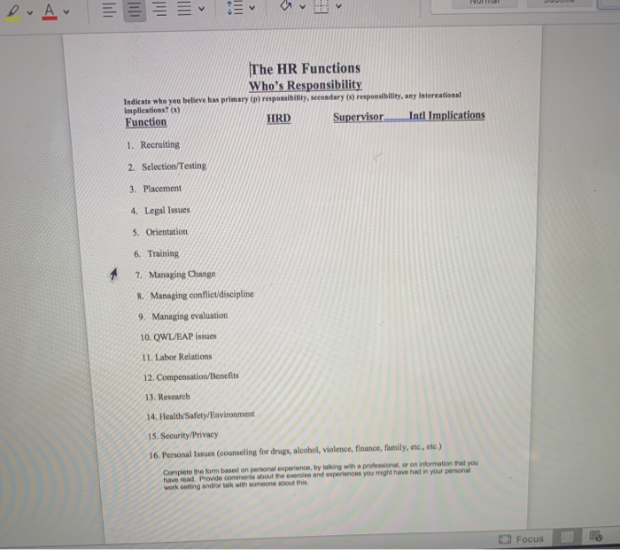 A = = = = = The HR Functions Who's Responsibility