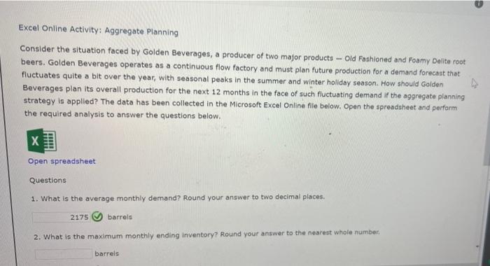 0 Excel Online Activity: Aggregate Planning