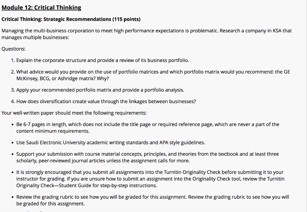 Module 12: Critical Thinking Critical Thinking:
