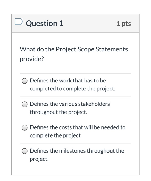 Question 1 1 pts What do the Project Scope