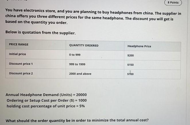 8 Points You have electronics store, and you are