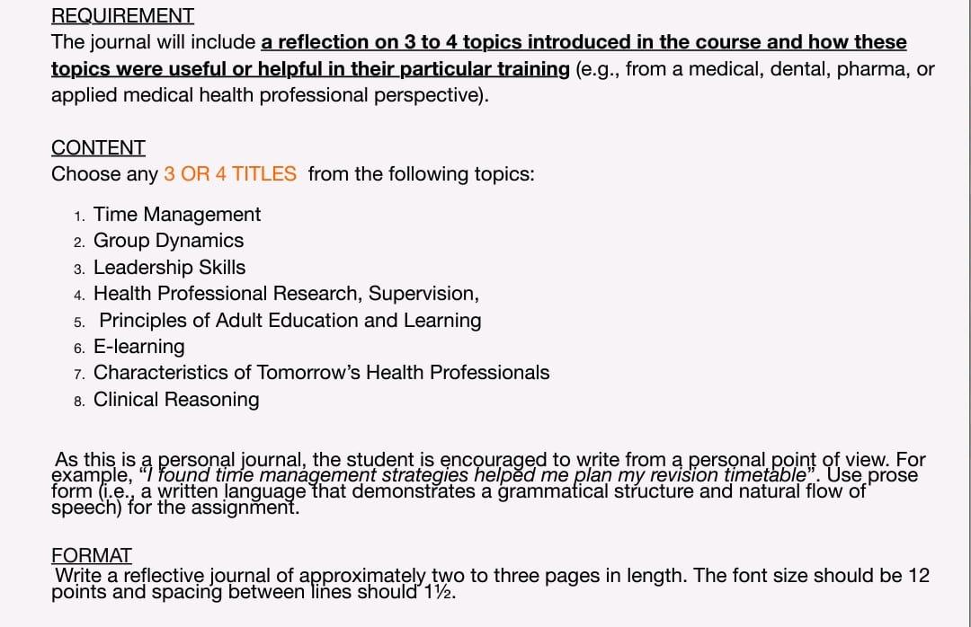 Write a reflective journal of approximately two