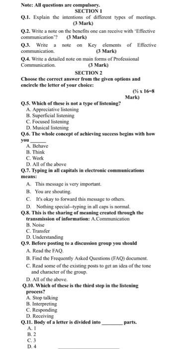 PROFESSIONAL COMMUNICATION Note: All questions