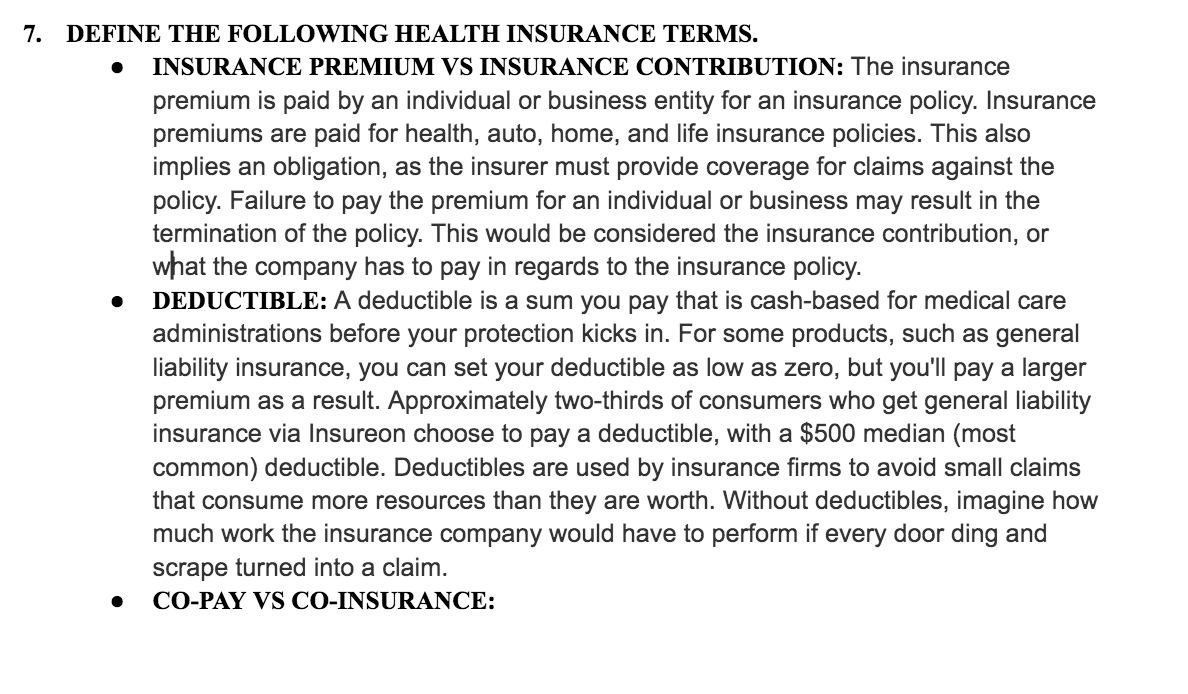 Please do co-pay vs. co-insurance :) . . 7.