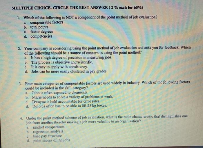 MULTIPLE CHOICE- CIRCLE THE BEST ANSWER (2 % each
