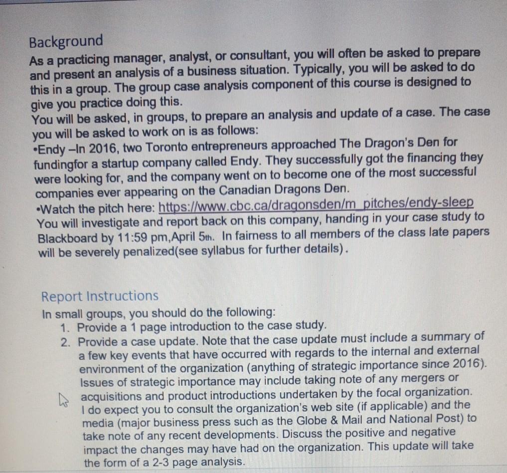 Background As a practicing manager, analyst, or