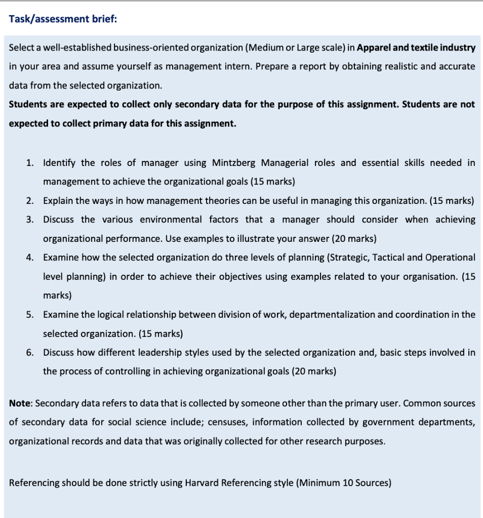 Task/assessment brief: Select a well-established