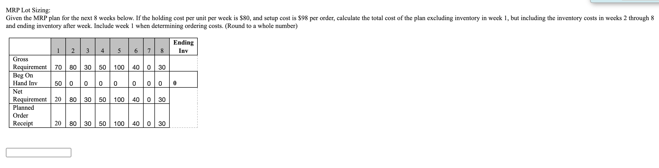 MRP Lot Sizing: Given the MRP plan for the next 8
