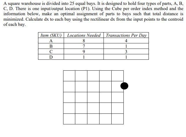 A square warehouse is divided into 25 equal bays.