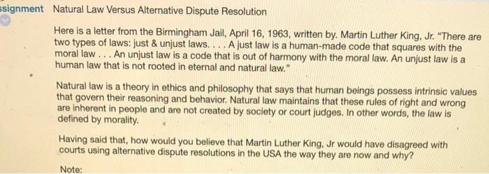 ssignment Natural Law Versus Alternative Dispute