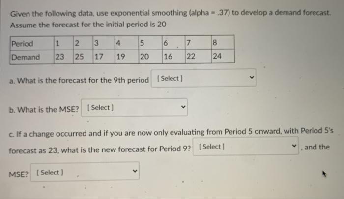 Given the following data, use exponential
