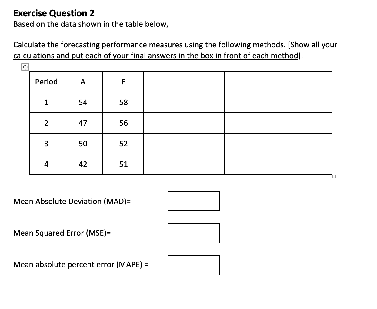 Exercise Question 2 Based on the data shown in