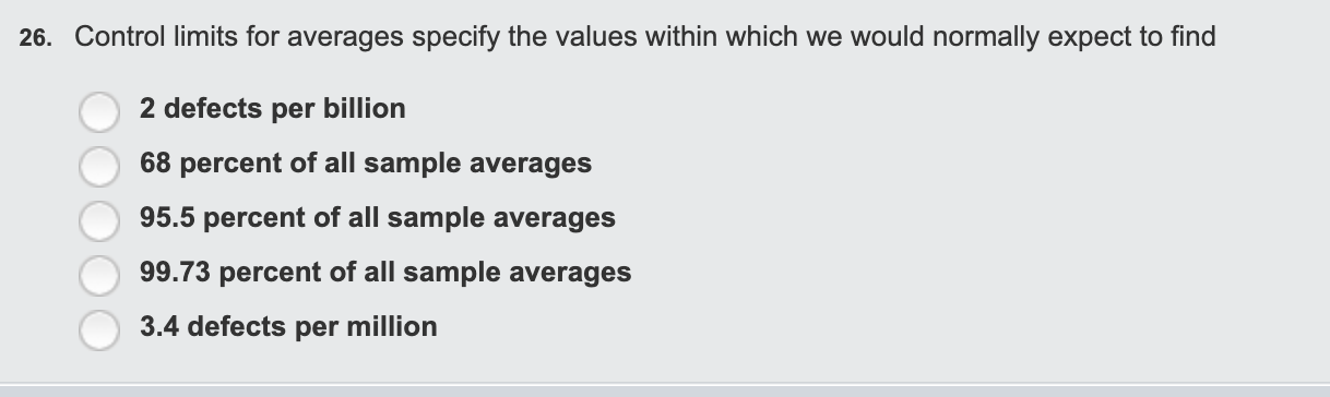 26. Control limits for averages specify the