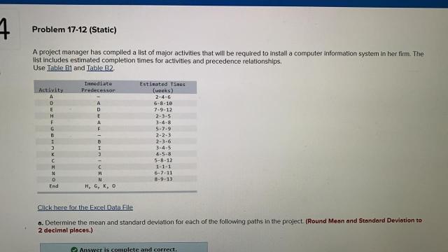 4 Problem 17-12 (Static) A project manager has