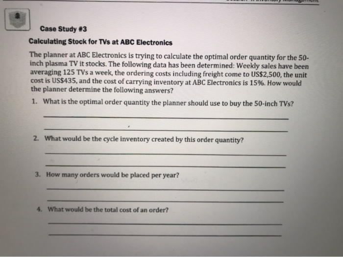 Case Study #3 Calculating Stock for TVs at ABC