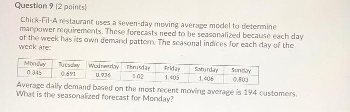 Question 9 (2 points) Chick-Fil-A restaurant uses