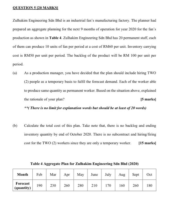 QUESTION 5 [20 MARKSI Zulhakim Engineering Sdn