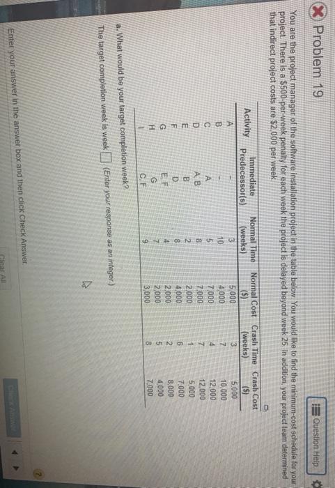 X Problem 19 Question Help You are the project
