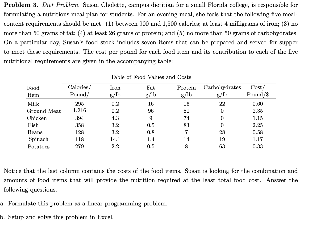 Problem 3. Diet Problem. Susan Cholette, campus