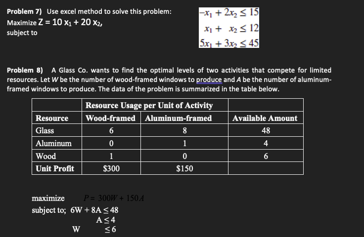 Problem 7) Use excel method to solve this