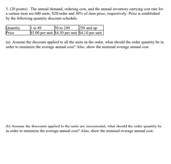 5. (20 points) The annual demand, ordering cost,