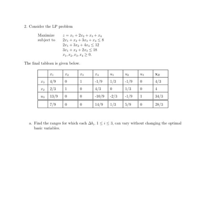 2. Consider the LP problem Maximize 2 = x1 + 2r2