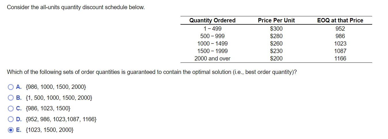 Consider the all-units quantity discount schedule