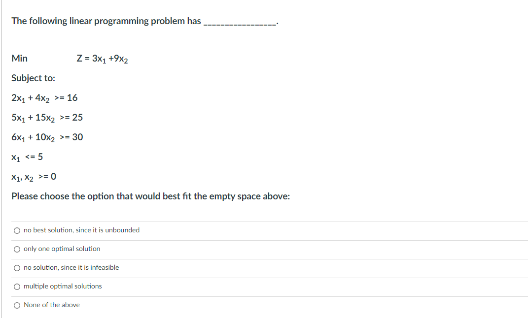 The following linear programming problem has Min