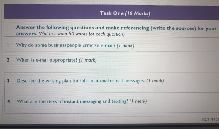 Task One (10 Marks) Answer the following