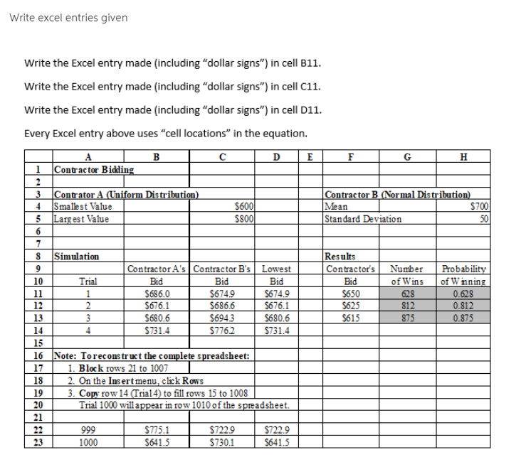 Write excel entries given Write the Excel entry