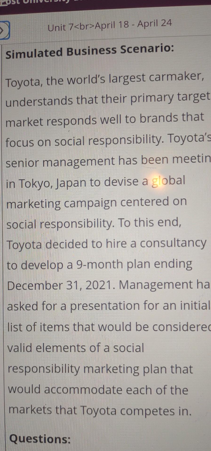 Unit 7 April 18 - April 24 Simulated Business