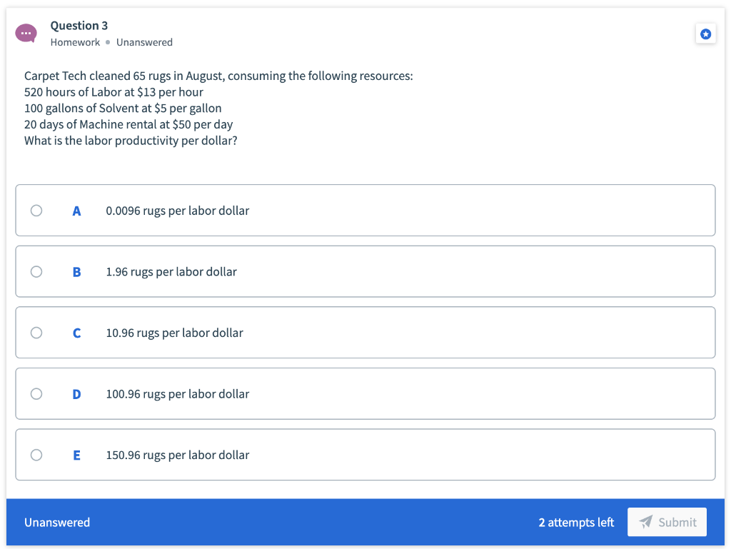 Question 3 Homework . Unanswered Carpet Tech