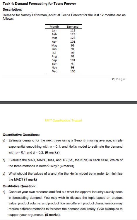 Task 1: Demand Forecasting for Teens Forever