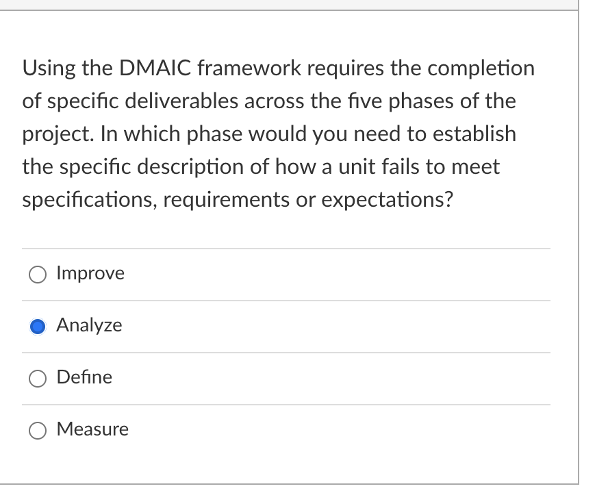 Using the DMAIC framework requires the completion