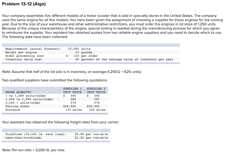 Problem 13-12 (Algo) Your company assembles five
