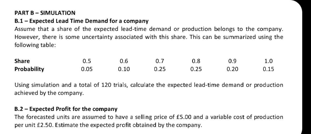 PART B - SIMULATION B.1 - Expected Lead Time