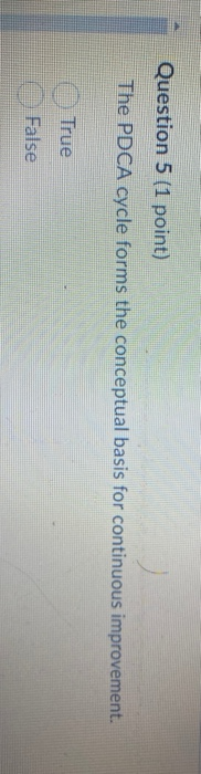Question 5 (1 point) The PDCA cycle forms the