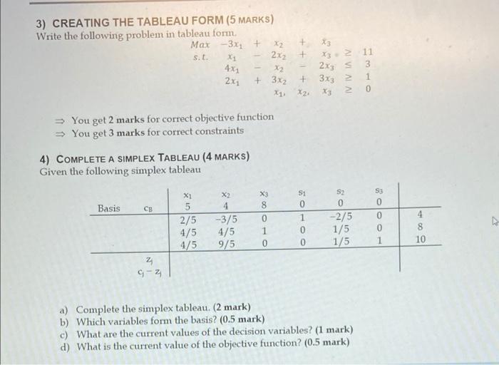 X3 3) CREATING THE TABLEAU FORM (5 MARKS) Write