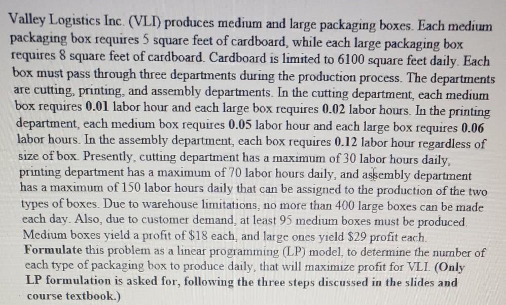 Valley Logistics Inc. (VLI) produces medium and