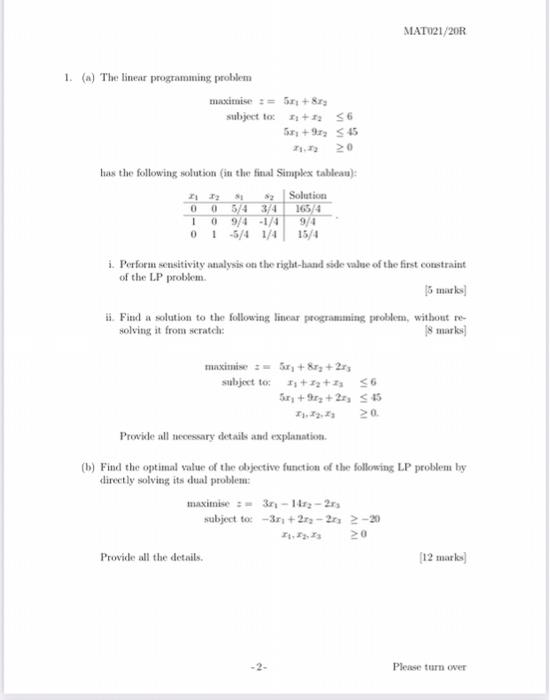 MATU21/20R 1. (A) The linear programming problem