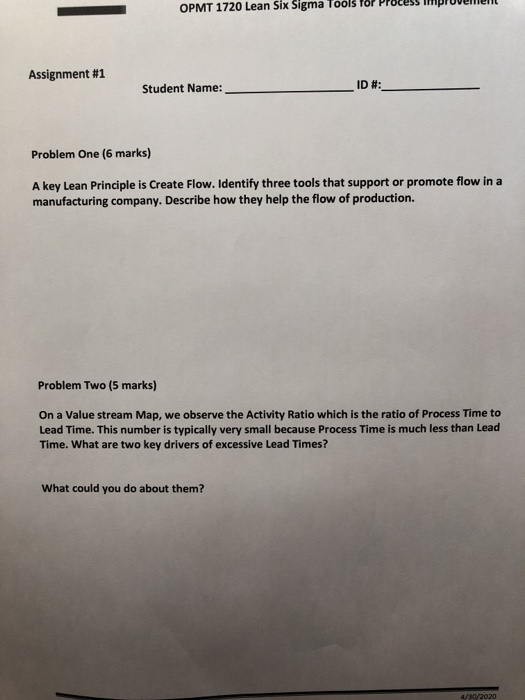 OPMT 1720 Lean Six Sigma Tools Tor Process PUTER