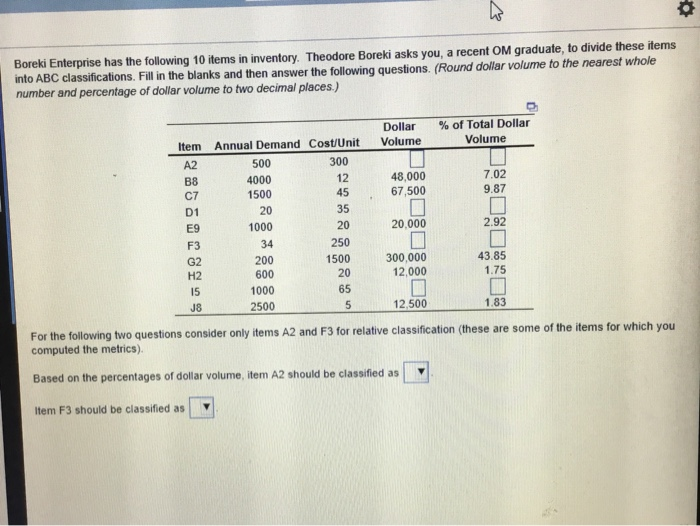 Boreki Enterprise has the following 10 items in