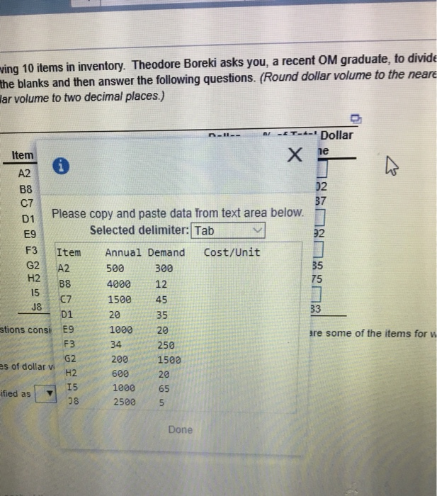 Boreki Enterprise has the following 10 items in