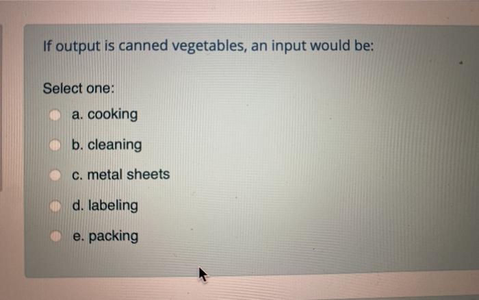 If output is canned vegetables, an input would