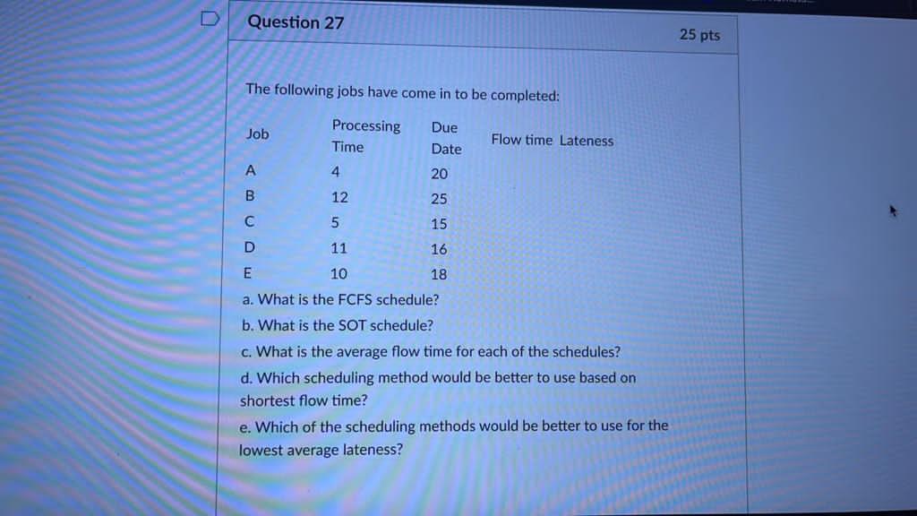 Question 27 25 pts The following jobs have come
