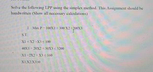Solve the following LPP using the simplex method.