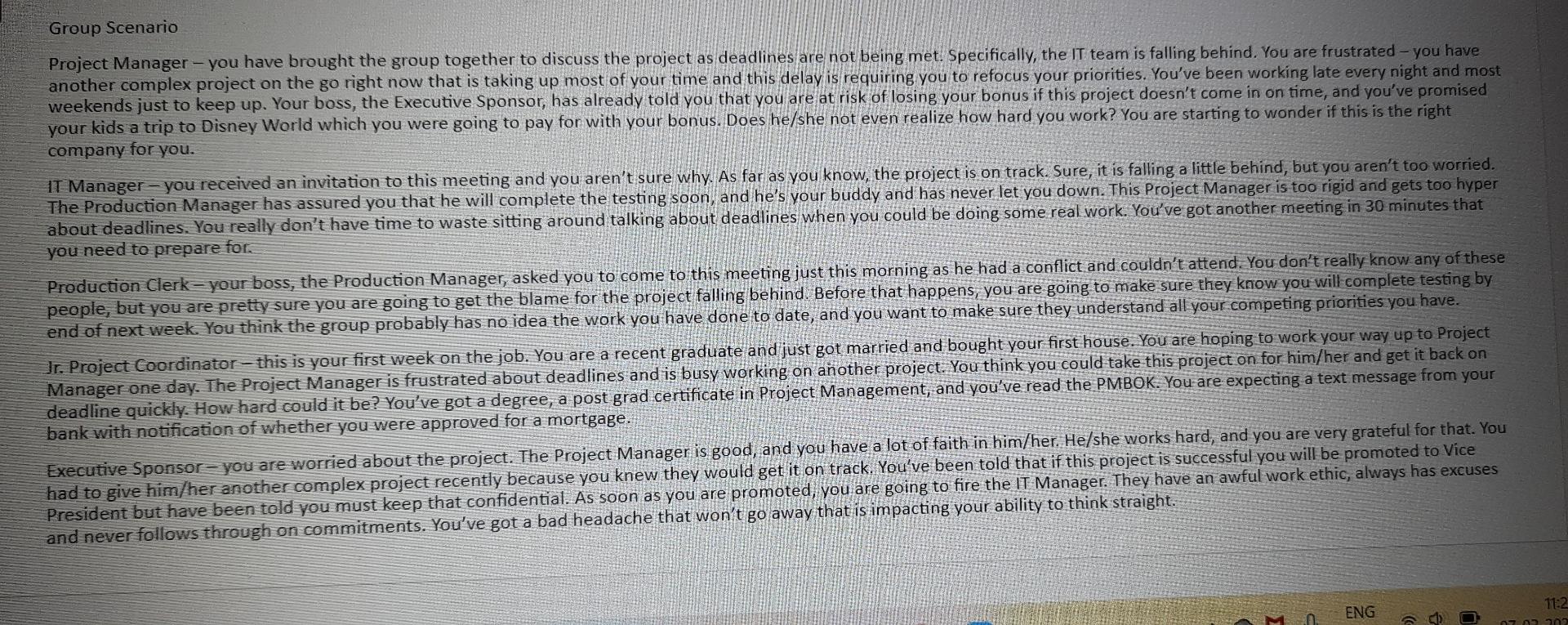 Group Scenario Project Manager - you have brought