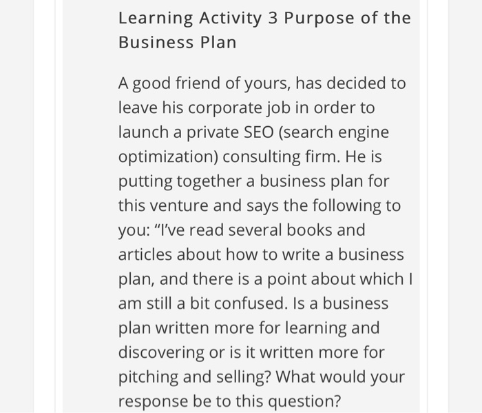 Learning Activity 3 Purpose of the Business Plan