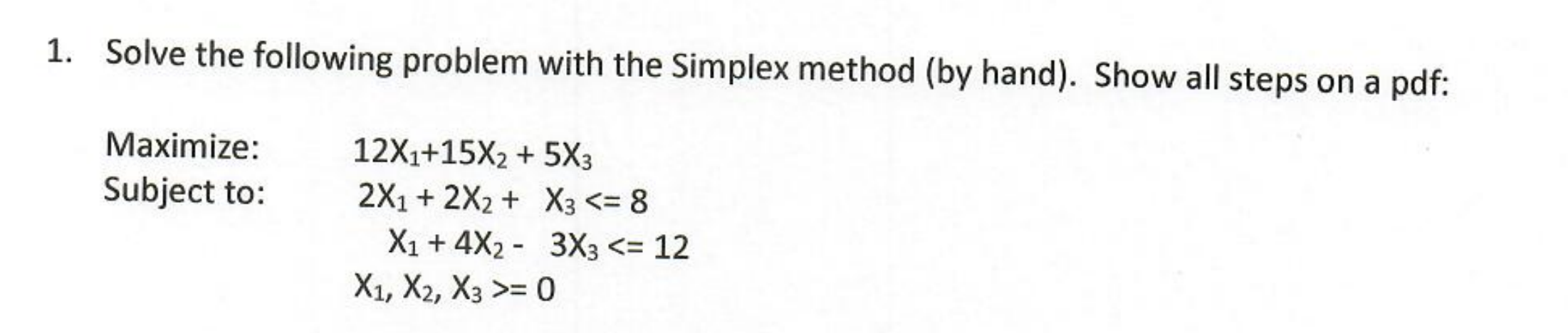 1. Solve the following problem with the Simplex